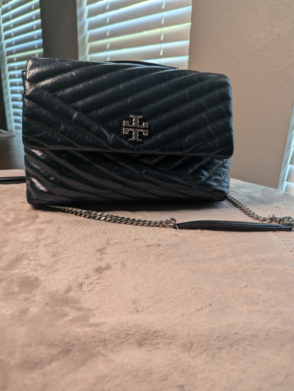 Tory Burch Kira Chevron Convertible Shoulder Bag Blue Quilted Leather